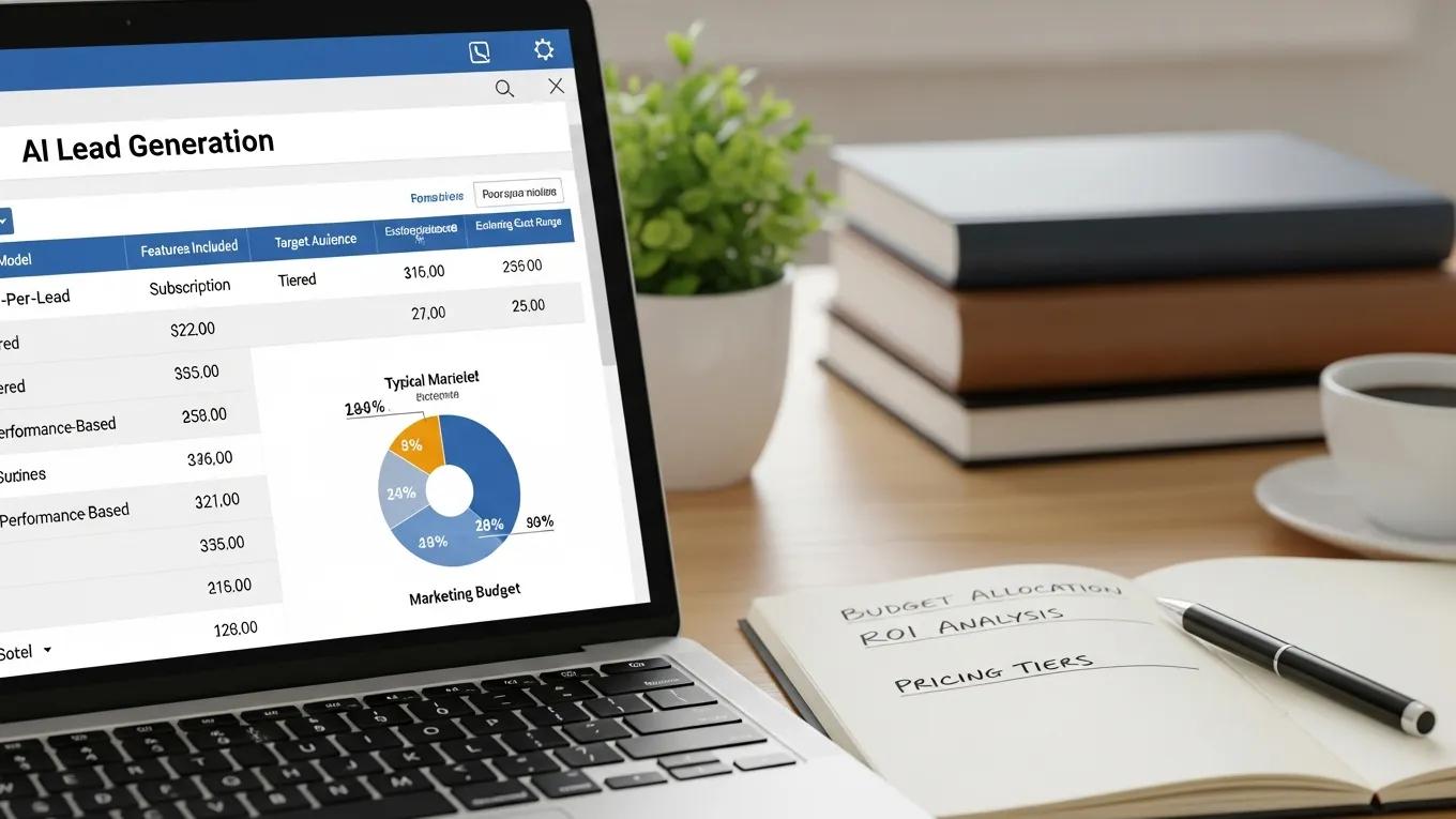 Close-up of a laptop screen showing AI lead generation pricing models in a professional workspace