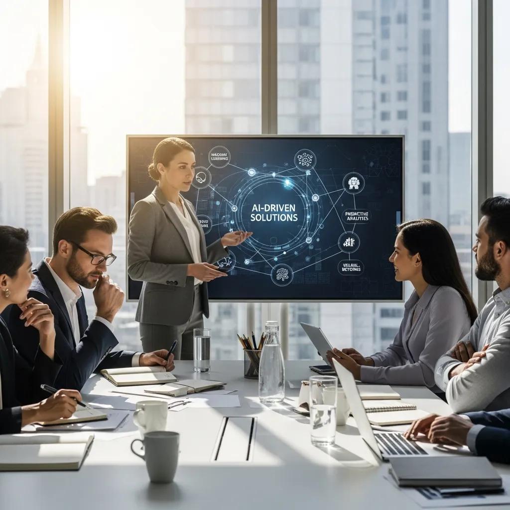 Consultant presenting AI solutions to clients in a business meeting