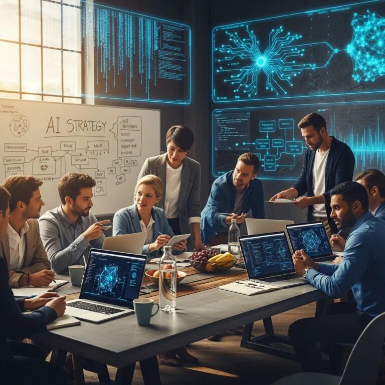 Diverse professionals collaborating in a modern workspace focused on AI consultancy