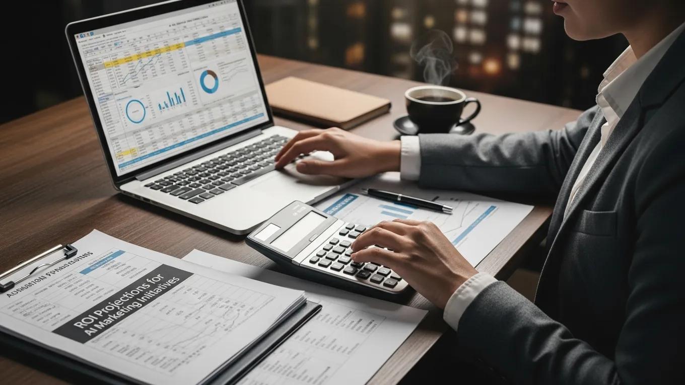 Financial analyst calculating ROI for AI marketing investments in a focused workspace