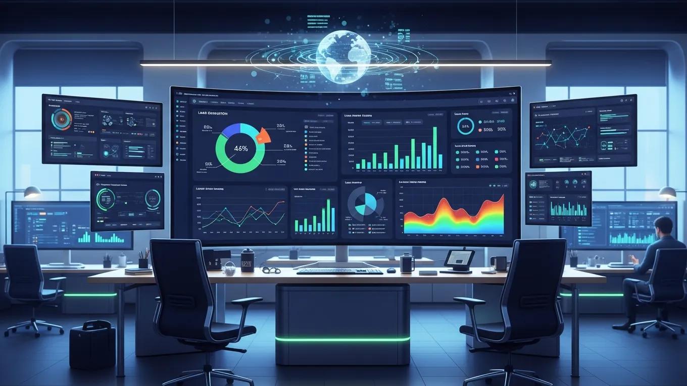 High-tech workspace with AI analytics tools for lead generation