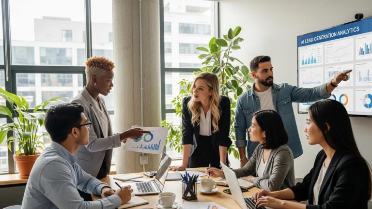 Marketing professionals collaborating on AI lead generation strategies in a modern office setting