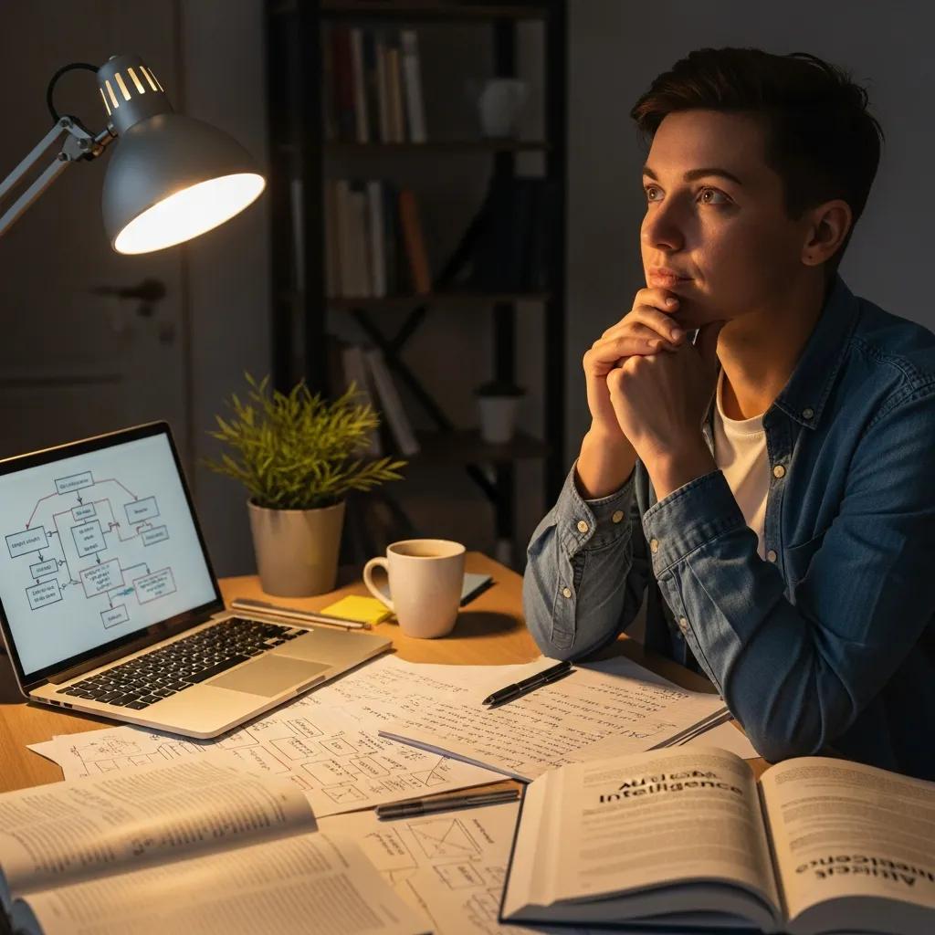 New AI consultant strategizing at a desk with notes and a laptop
