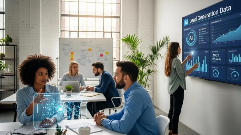 Professionals collaborating with AI tools in a modern office setting