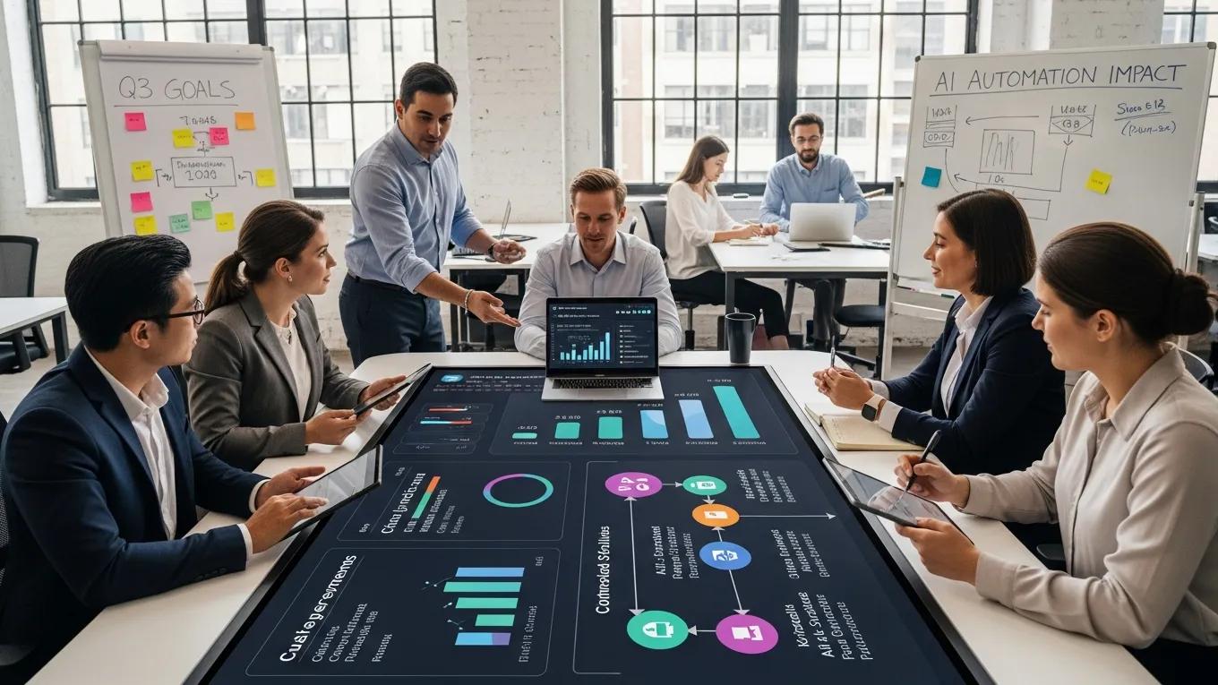 Sales team strategizing with AI automation tools for better conversion rates