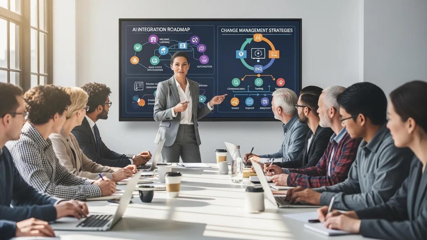 Business leader presenting change management strategies for AI integration