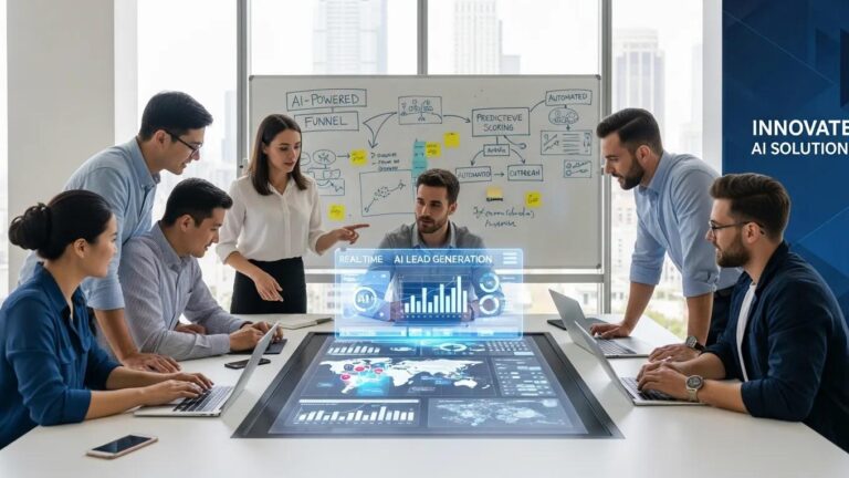 Team collaboration on AI lead generation strategies in a modern office